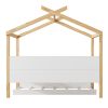White Full Size Wooden House Bed with Original Wood Colored Frame Twin Size Trundle and Bookshelf Storage Space for Children or Guest Room