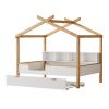 White Full Size Wooden House Bed with Original Wood Colored Frame Twin Size Trundle and Bookshelf Storage Space for Children or Guest Room