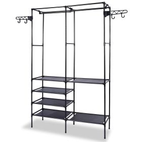 Metal Garment Rack Shoe Clothing Organizer Shelves Freestanding Multifunctional Clothes Wardrobe (Color: black)